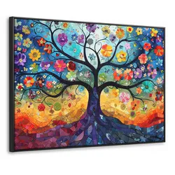 LEINWAND Bilder mit Rahmen - Kunst - Baum des Lebens - Blumen - Hippie - 70x50