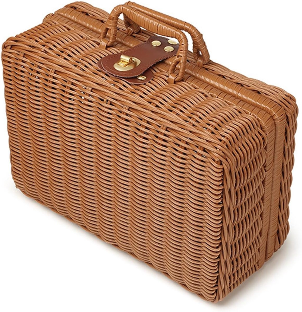 SnelShoppen Gevlochten Rotan Koffer Donkerbruin - Vintage Opbergmand met Handvat en Metalen Slot