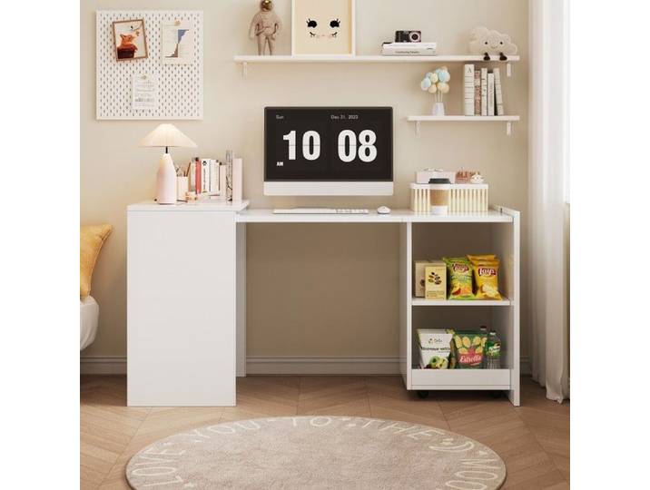 Table Pliante Multifonctionnelle Meuble Informatique Bureau Armoire Rangement 2 Compartiments Charge Élevée Blanc 126x55x75cm