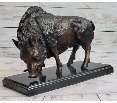 Bronzhaus Wild Boar Pig Feral Hog Bronze Statue Sculpture Figure On Marble Base J. Moigniez