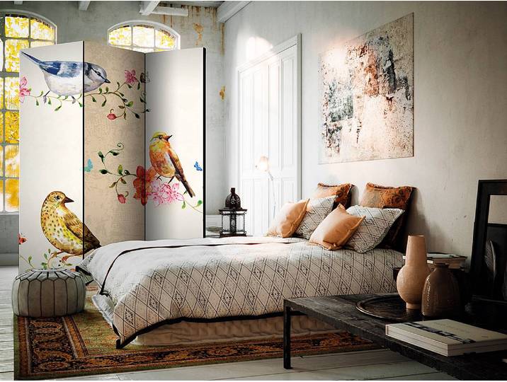 Paravent Bird Song 1-seitig Vlies auf Massivholz Beige 135 x 172cm