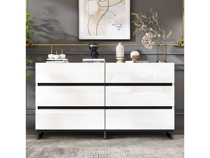 140x39 5x78 5cm Sideboard Wohnzimmer avec 6 tiroirs commode haut brillant blanc et noir meuble avec 3 pieds métal