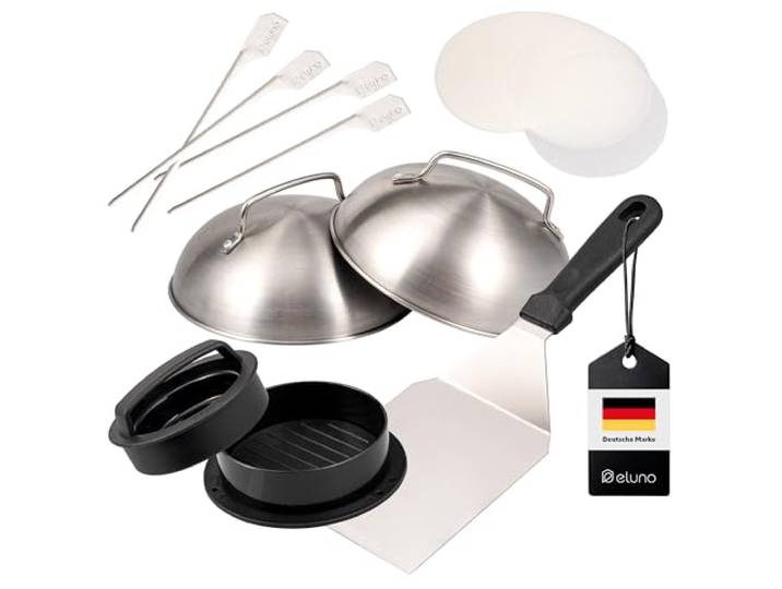 eluno Burger-Set 6tlg. inklusive Burgerpresse mit Burgerpapier, Grillwender, Zwei Burgerhauben und Vier Grillspießen, perfekt geeignet für den Grill, Plancha oder Pfanne, aus rostfreiem Edelstahl