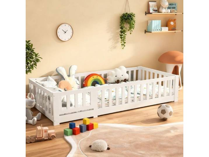 Lit enfant Lit au sol enfant 90x200 cm lit sol 90x200 Lit pour enfant avec sommier et barrière de lit en bois Blanc