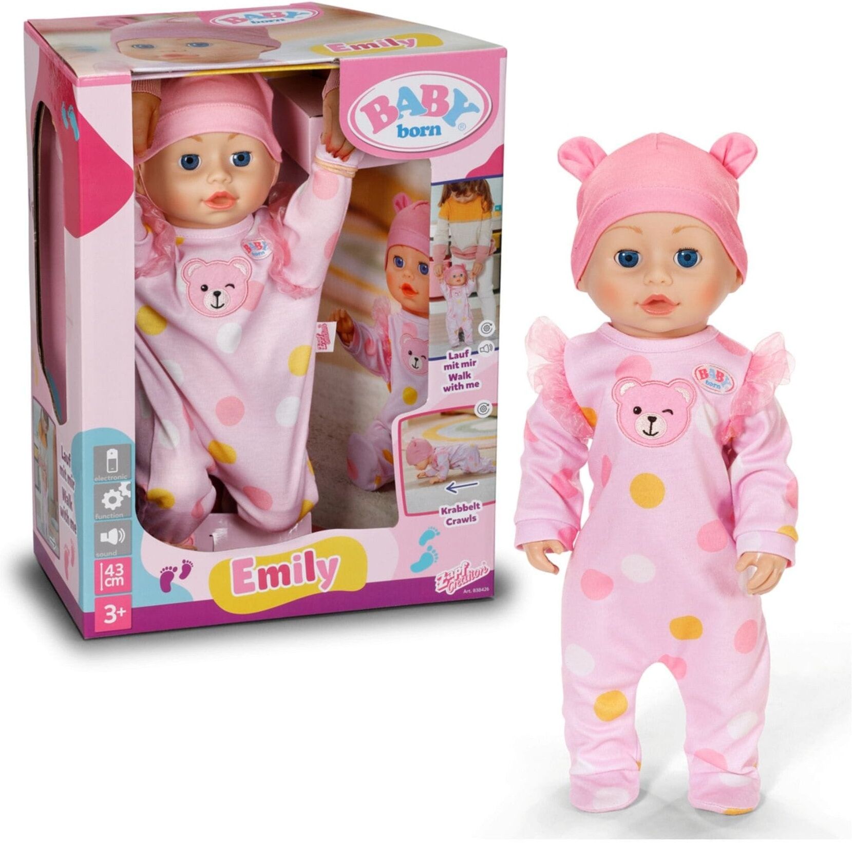 Baby Born - Emily Walk With Me 43cm Interactive Doll for Children 3 and Up - Crawls, Walks, Battery Powered - 43cm Tall - Pink Romper