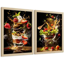 POSTER 2er Set Küchen-Wandbilder Erdbeer-Dessert und Salat Splash Fotografie Schwarzer Hintergrund Deko Rahmenlos A3