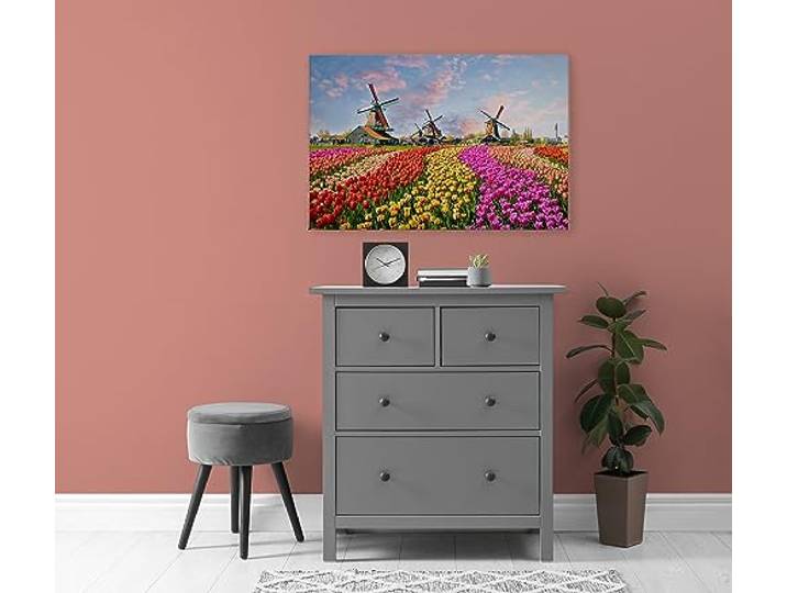 A.S. Création Leinwandbild Niederlande Blumen Wiese mit Windmühlen - Kunstdruck bunt gelb - 90x60 cm Querformat - Moderne Wanddekoration Schlafzimmer Wohnzimmer Küche - Bild auf Keilrahmen