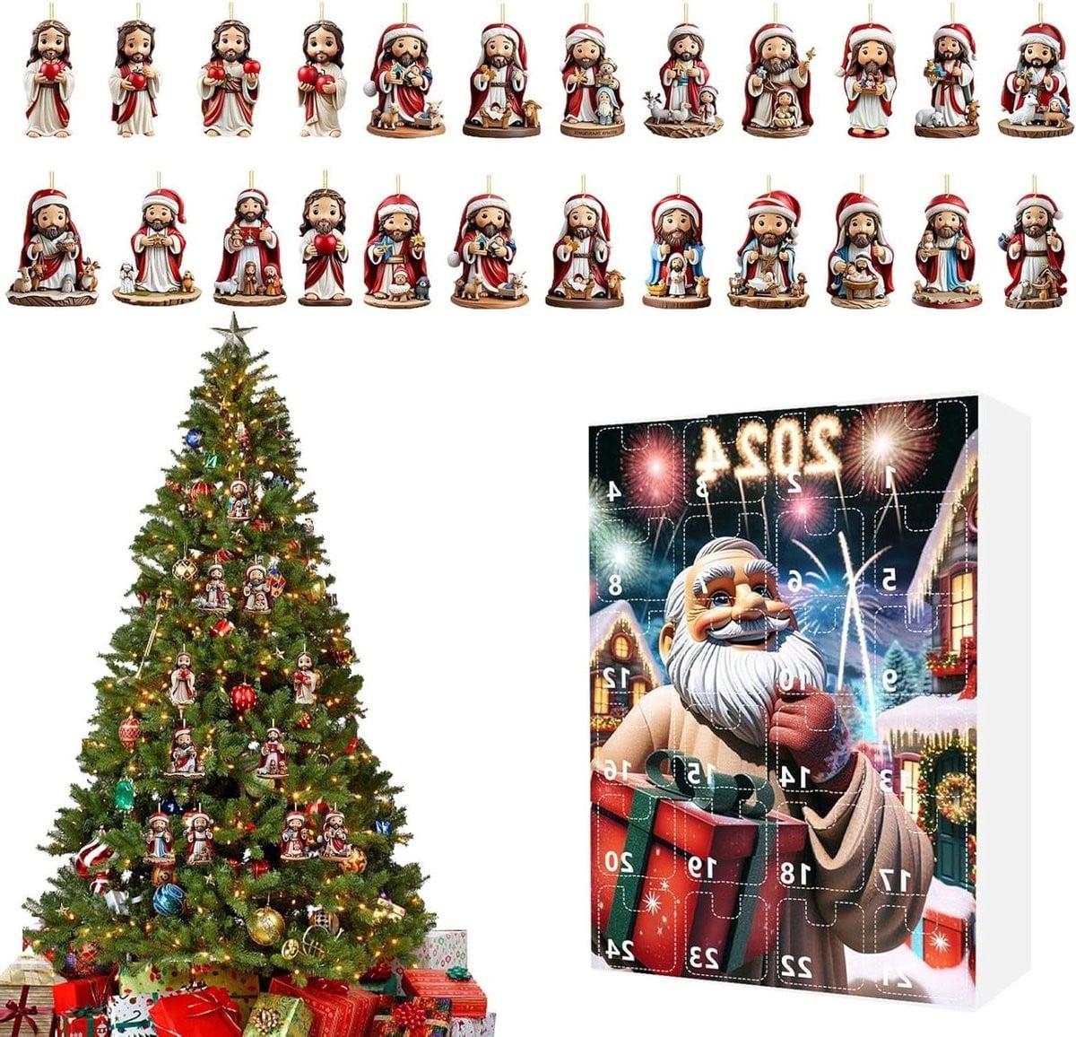 Acryl Adventkalender met Kerstornamenten en Kerststal voor in de Kerstboom
