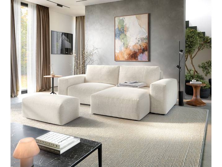 Ecksofa Lanzo 230x155 cm Strukturstoff Soft Beige Recamiere variabel mit Hocker, Ecksofas