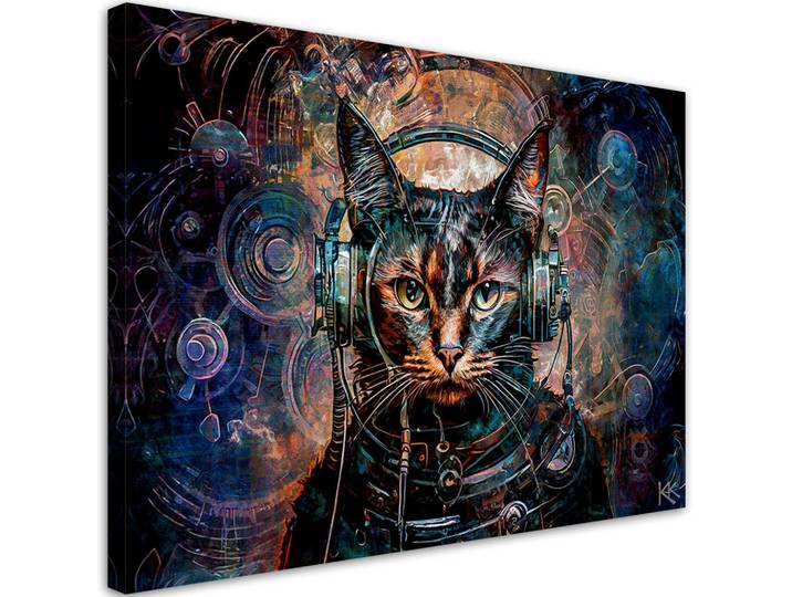 Feeby Leinwandbild Futuristische Katze Abstrakt 100x70cm, Blau, Tiere, Rechteckig, 100x70 cm, Bilder & Rahmen, Bilder, Leinwandbilder