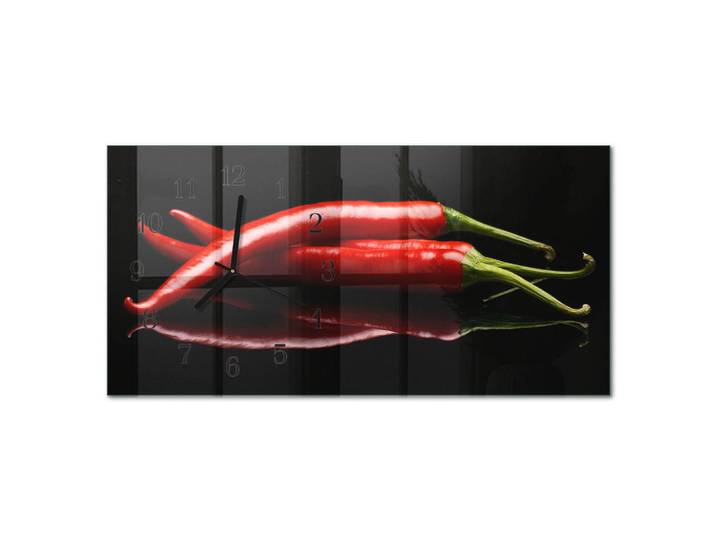 Tulup Wanduhr aus Glas 60x30 cm - Chilischoten, Schwarz, Rechteckig, 60x30x0.4 cm, Dekoration, Uhren, Wanduhren