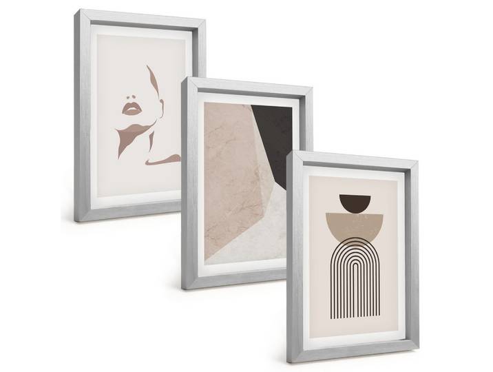 BILDER SET 3er Set - 20x30 cm Silberner Rahmen - Abstrakte Gesichtsformen