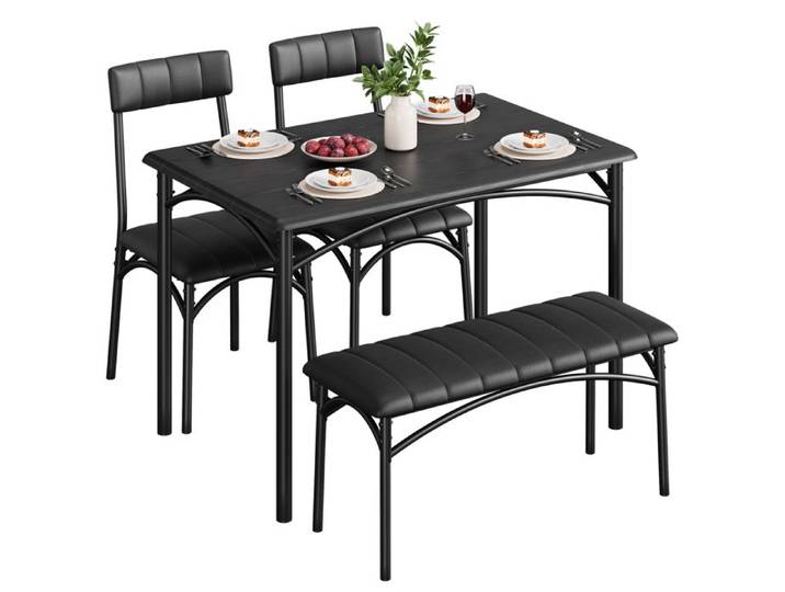 Garvee Ensemble salle à manger 4 pièces compact: table bois banc rembourré 2 chaises. Idéal petit espace style rétro. Noir.