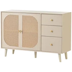 Merax Sideboard aus Holz mit 3 Schubladen und Rattan Geflechte Türen, Kommode mit Holzfüßen, Metall Bügelgriff, B:120cm