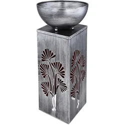 Solarlampe silber Dekosäule antik Retro Pflanzschale, Gartendeko Blumen Beleuchtung Außenlampe, Metall, 1x LED 3000K warmweiß, LxBxH 25x25x59 cm