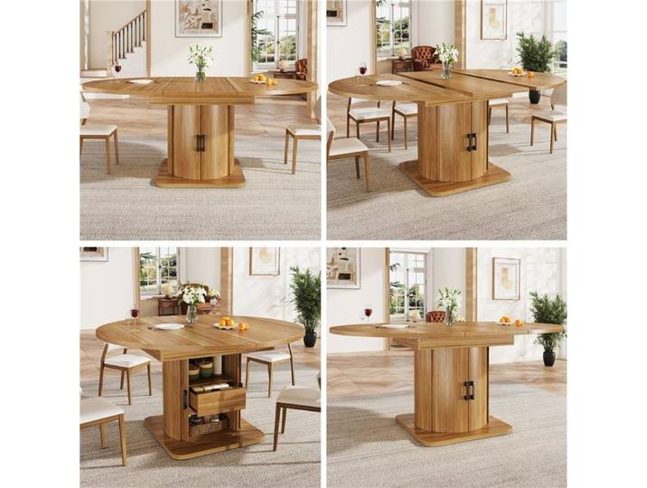 Table à manger extensible ronde qui devient ovale 118-158 cm jusqu'à 6 personnes avec tiroirs marron foncé moderne