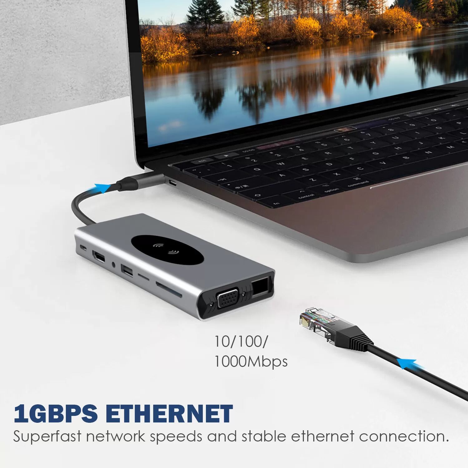INF Adaptateur multiport concentrateur Type-C 15 en 1 avec HDMI, VGA, Ethernet, USB C PD