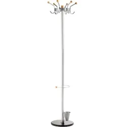 ALCO Standgarderobe, Metall, silber, pulverbeschichtet, helle Holzknöpfe, 6 Kleiderhaken, H/Ø = 185 x 45 cm