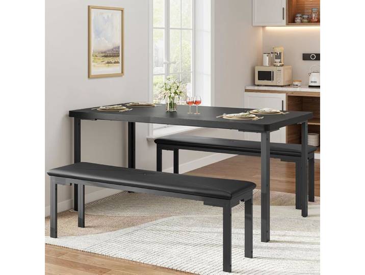 AFF Ensemble table et chaise de salle à manger-Table en Bois Massif Rectangulaire 110 cm avec 2 Bancs –pour Cuisine Salon Noir