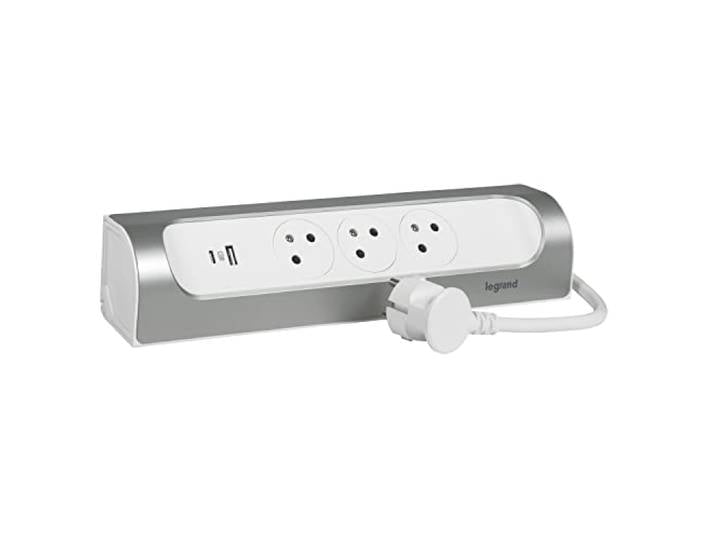 LEGRAND - Multiprise d'Angle - 3 Prises Surface avec Terre + Prise USB-C + Prise USB-A - Installation Horizontale ou Verticale - Cordon 1 m - Blanc et Alu
