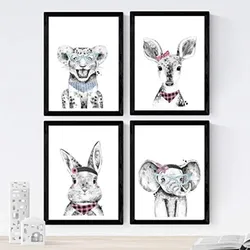 POSTER Set mit 4 „Tieren mit Rosa und Blau Zubehör“ A4 Schwarzer Rahmen