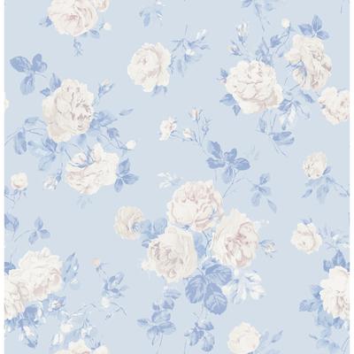 LoveShackFancy NuWallpaper Everblooming Rosettes Whisper Blue Cabbage Rose Bouquets Peel and Stick Wallpaper