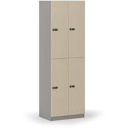 Holzspind S4 mit Ablagefächern, 4 Fächer, zerlegt, mechanisches Codeschloss, grau/Birke