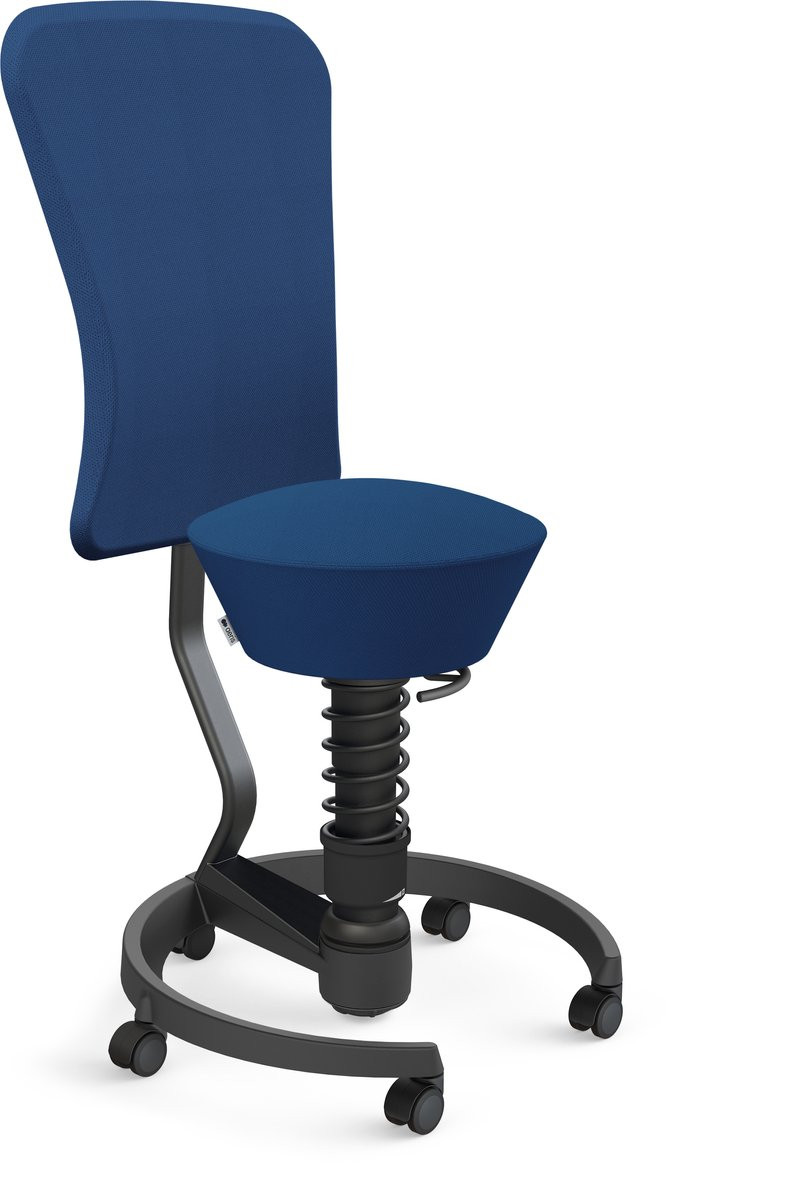Aeris Swopper actieve bureaustool met rugleuning en wieltjes voor harde vloeren, zwart met blauwe Gabriel wolmix bekleding