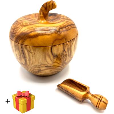 Zuckerdose OLIVENHOLZ-ERLEBEN "Dose wie Apfel aus Olivenholz mit kleinem Salzschippchen", braun, Ø:9cm, Aluminium, Massivholz, Lebensmittelaufbewahrungsbehälter, Zuckerdose, toller Blickfang in außergwöhnlicher Form und einzigartiger Maserung