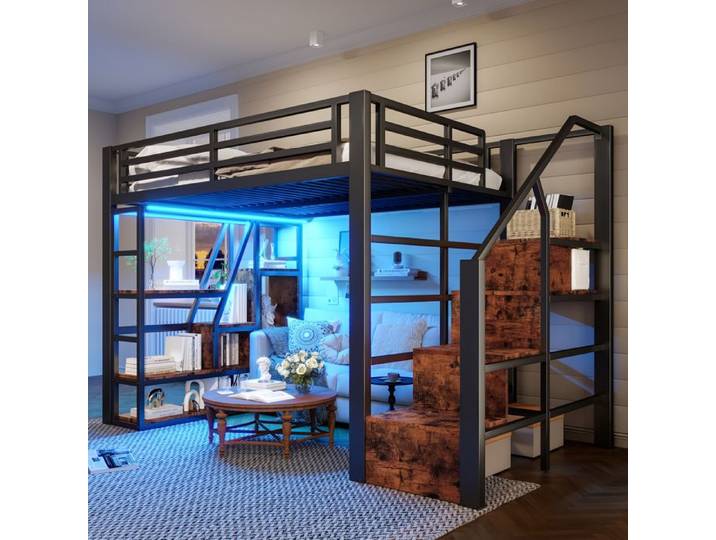 Lit mezzanine enfant - 140x200 cm - Cadre en métal et MDF - Étagère intégrée - Marches avec rangement