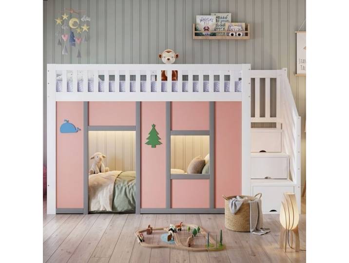 Lit mezzanine enfant 90x200 Lit mi-hauteur Lit cabane Lit simple en bois avec LED escalier de rangement barrières de sécurité
