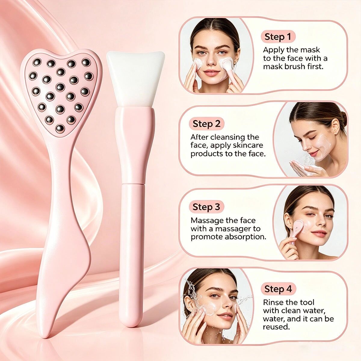 INF Gesichts-Massage-Set 2-teilig — Edelstahl-Eisroller & herzförmiger Perlenroller für Gesichtslifting und Konturierung, Pink