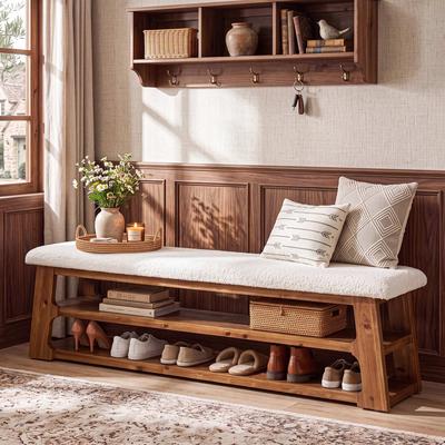 OEM Solid Wood Entryway Bench with Cushion, 63-Inch Shoe Bench with Storage Shelves, Upholstered End of Bed Stool, Long Ottoman