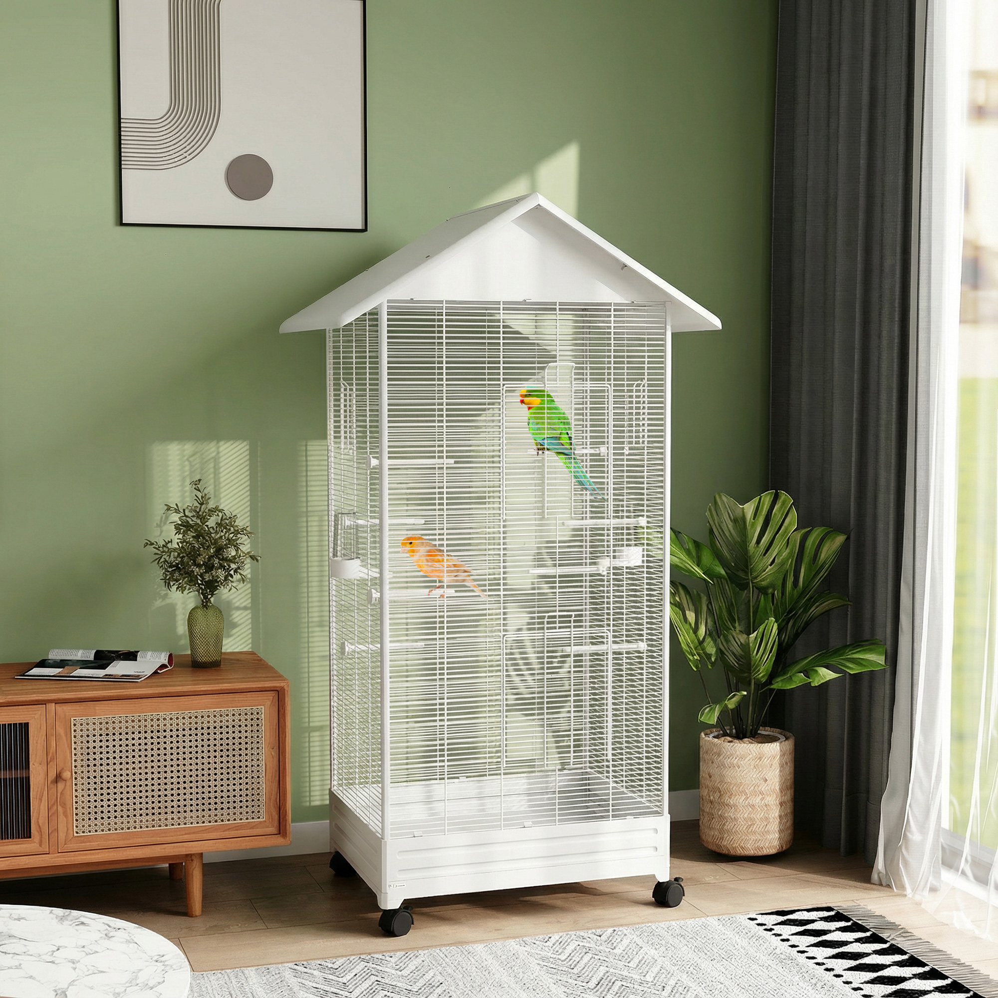 Pawhut Gabbia per Uccelli, Voliera in Acciaio con Ruote, 79x65x155cm, Bianco   Aosom Italy