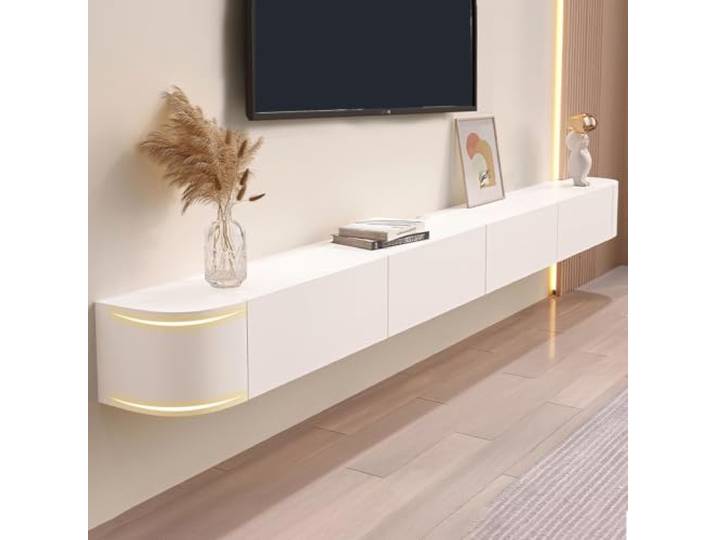 DMYKVJG Schwebender TV Schrank for 32-130 TV, Fernsehschrank Holz Fernsehtisch Hängend Medienkonsole, Komplett Montiert, Herunterklappbare Türen, Kabelmanagement,(White,102.3 /260cm)