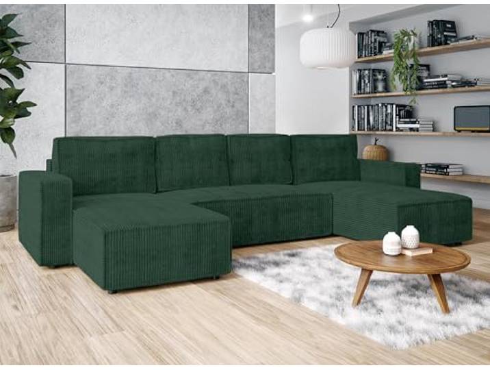 AXLIVING Aydin U Sofa Wohnlandschaft mit Schlaffunktion U Form Grün Liegefläche: 298 × 124 cm. Cordstoff: weich, strapazierfähig, PET-FRIENDLY. Praktischer Bettkasten. Wellenfedern.