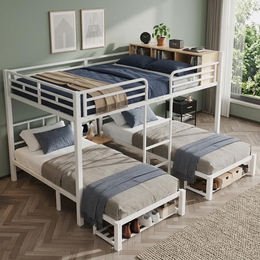 Metall-Etagenbett 140x200/90x200cm, 3 Schlafplätze, Regal, Schuhablage, Leiter (White+Natural)