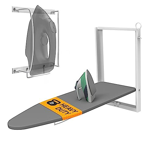 Xabitat Wandgemonteerde strijkplank met houder, compacte opvouwbare strijkplank voor kleine ruimtes, wit en grijs, 91,9 x 31 cm