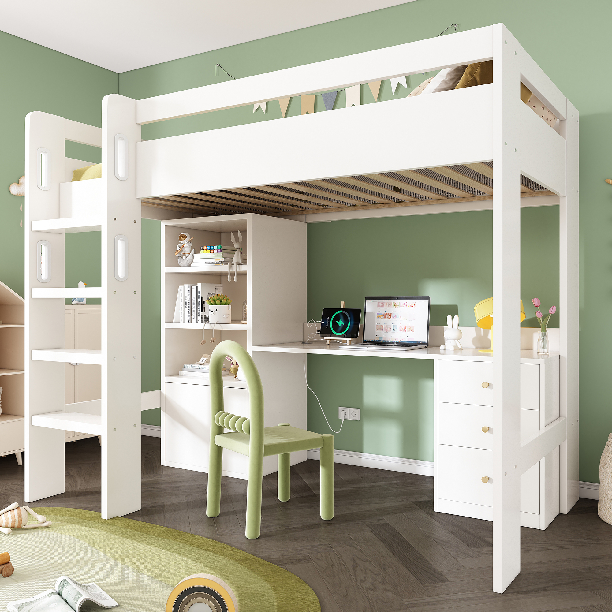 Flieks Etagenbett 90x200cm mit Schrank und Schreibtisch, Hochbett Kinderbett mit Ladefunktion, Stockbett Einzelbett Holzbett mit Rausfallschutz, Weiß