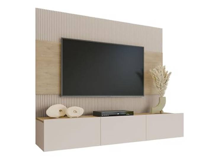 Mirjan24 Wohnwand Deromi (Sandbeige + Eiche Cremona, ohne Hängeregal) Kompakte Hängewohnwand mit TV-Paneel, TV-Lowboard mit 3 Innenfächern, Push-to-open-System und Gasdruckfedern