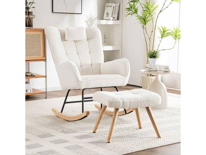 Fauteuil à bascule - Blanc - Ergonomique - Repose-pieds réglable - Dossier haut