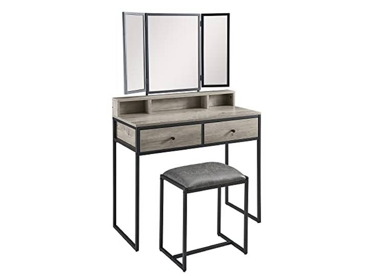MODERION Schminktisch, Frisiertisch mit 3-teiligem Klappspiegel(inkl. 3 Unterteiler), Kosmetiktisch mit gepolstertem Hocker, 2 Schubladen, 90 x 40 x 142 cm (Grau B1)
