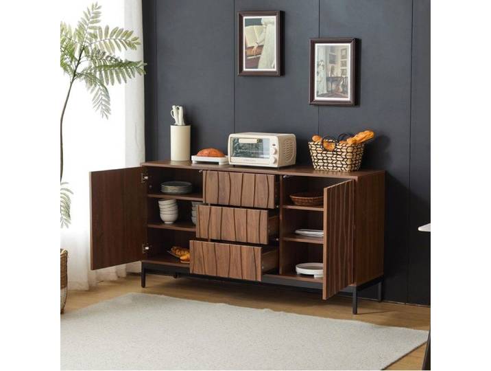 Buffet Salon VIVRYN - Design Rainuré 3 Tiroirs 2 Étagères Réglables MDF 150 x 40 x 80 cm Brun Foncé