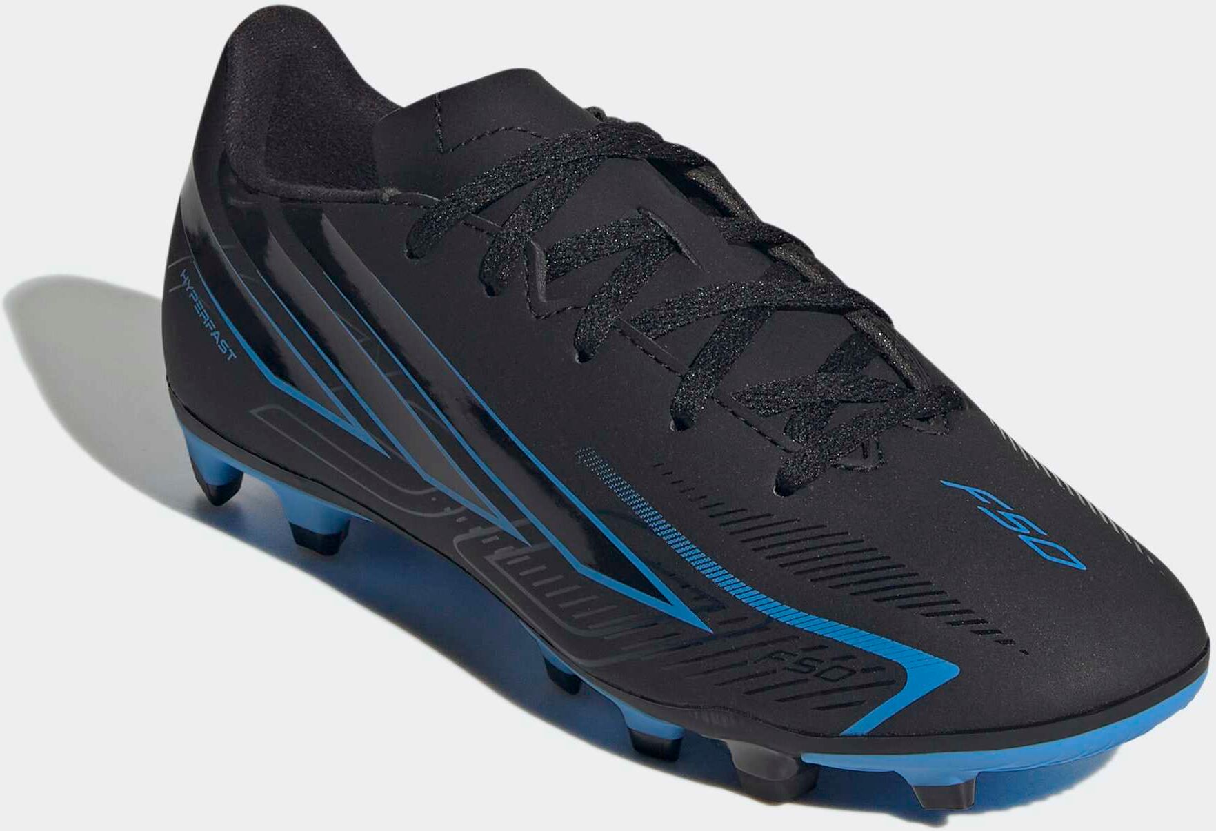 Fußballschuh ADIDAS PERFORMANCE "F50 HYPERFAST CLUB KIDS, NATURRASEN / GEMISCHTE BÖDEN", Kinder, Gr. 31, schwarz (core schwarz, core schwarz, lucid ray blau), Synthetik, Schuhe Fußballschuh, für viele verschiedene Böden geeignet