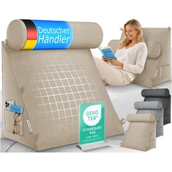 ELONEO Rückenkissen Sand 50 cm breit mit Verstellbarer und Abnehmbarer Nackenrolle, Keilkissen für Bett und Sofa geeignet, dreieckiges Lesekissen, Kissen mit waschbarem Bezug, praktisches Seitenfach