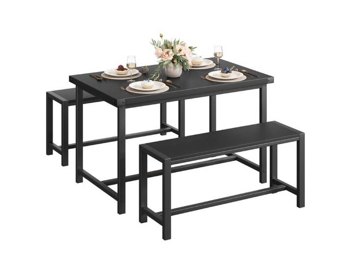 Ensemble cuisine 3 pièces 4 personnes – table rectangulaire + 2 bancs – noir – salle à manger cuisine
