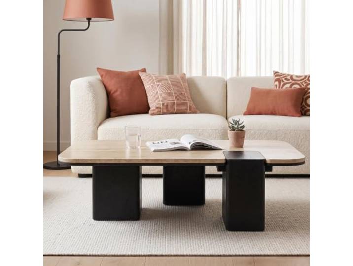 IDIMEX Couchtisch SURAT mit doppelter Tischplatte aus Mangoholz und Travertin, 100 x 27 x 60 cm, Beige/Schwarz - Moderner Wohnzimmertisch mit eingefasster Tischplatte Clubtisch, Coffee Table