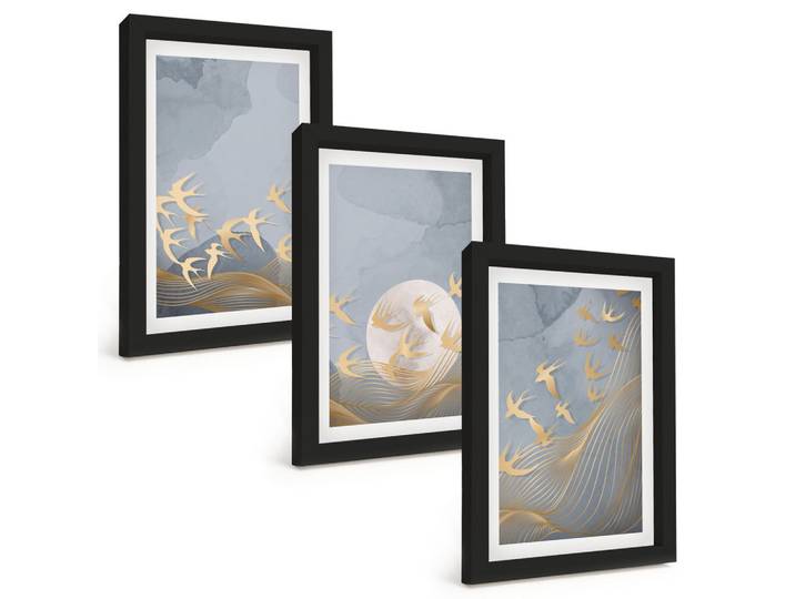 BILDER SET 3er Set - 20x30 cm Schwarzer Rahmen - Vögel, die am Himmel fliegen
