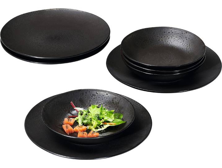 Tafelservice RITZENHOFF & BREKER Teller Set, Geschirr-Set Kitwe , schwarz, 8 Stk., Steinzeug, Geschirr-Sets, Tafelservice, seidenmatter Schwarzton mit Kupferstich, 8 Teile, für 4 Personen