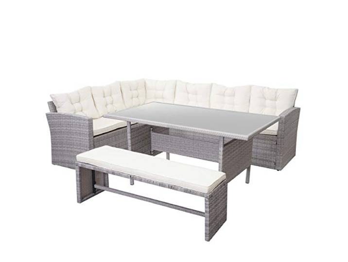 Mendler Poly-Rattan-Garnitur mit Bank HWC-A29 - hellgrau, Kissen Creme Gartengarnitur, Sitzgruppe, Lounge-Esstisch-Set, Sofa, + Bank